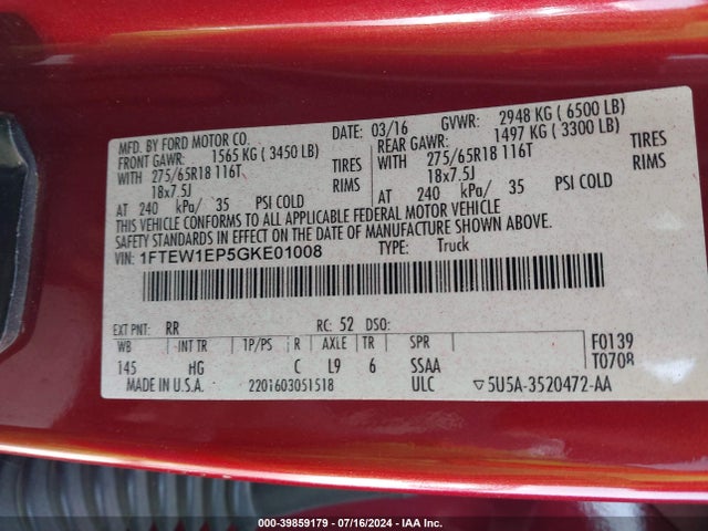 Ford F-150 Lariat 2016 1FTEW1EP5GKE01008 Image 9