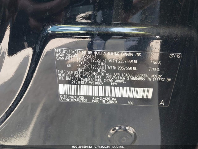 Toyota Rav4 Limited 2015 2T3YFREV1FW210637 Image 9