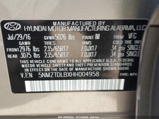 Aukcja sprzedaży 2017 Hyundai Santa Fe Sport 2.4l, vin: 5NMZTDLBXHH004958, numer aukcji: 39859222
