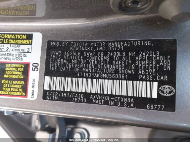 4T1H31AK9MU560061 Toyota Camry Le Hybrid