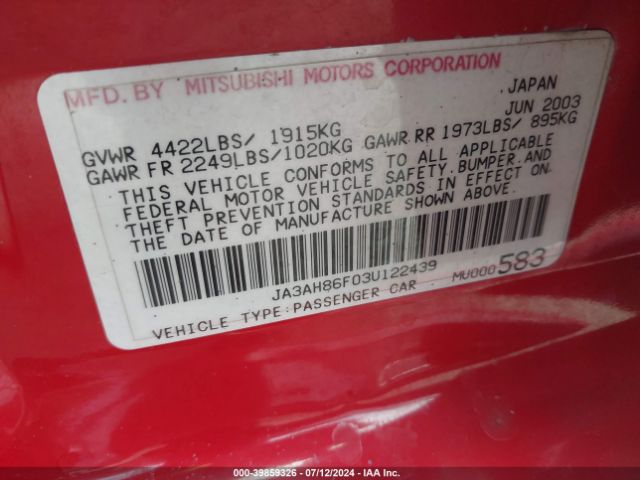 2003 MITSUBISHI LANCER EVOLUTION JA3AH86F03U122439 Photo 8