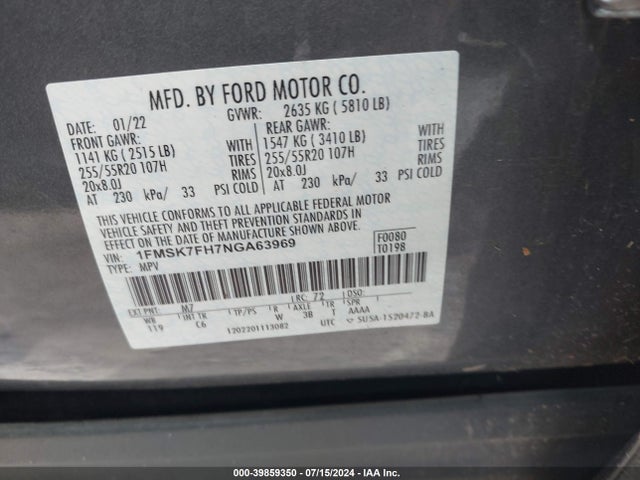 Продаж на аукціоні авто 2022 Ford Explorer Limited, vin: 1FMSK7FH7NGA63969, номер лоту: 39859350