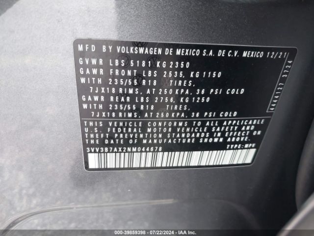 3VV3B7AX2NM044678 Volkswagen Tiguan 2.0t Se