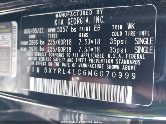 5XYRL4LC6MG070999 KIA SORENTO S