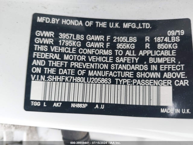 Honda Civic Ex-l 2020 SHHFK7H80LU205863 Image 9