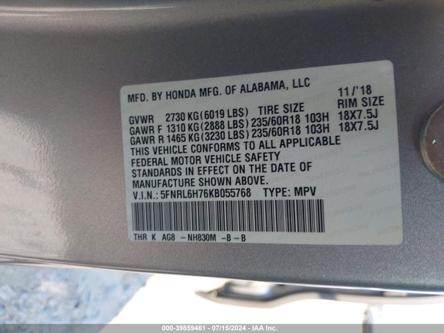Honda Odyssey Ex-l 2019 5FNRL6H76KB055768 Image 9
