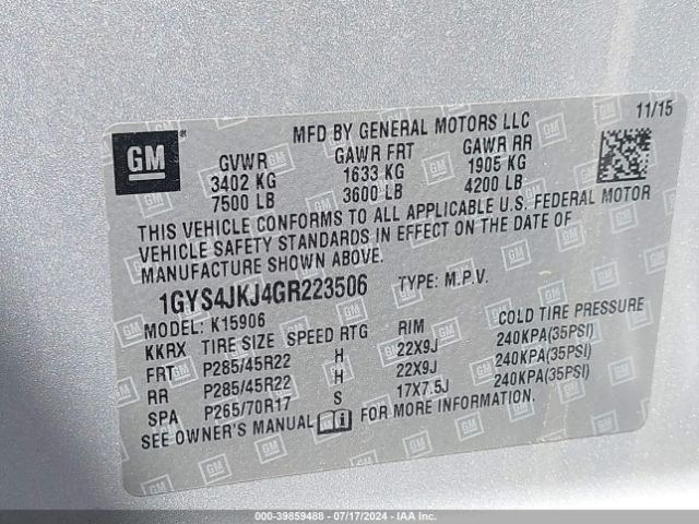 1GYS4JKJ4GR223506 Cadillac Escalade Esv Premium Collection