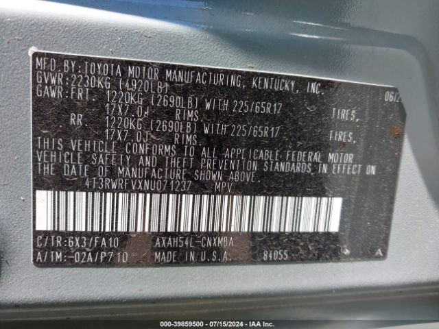 4T3RWRFVXNU071237 Toyota Rav4 Hybrid Xle