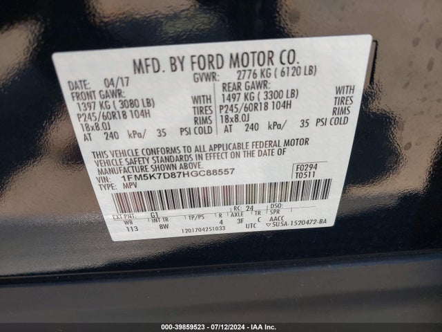 Ford EXPLORER XLT 2017 1FM5K7D87HGC88557 Image 9