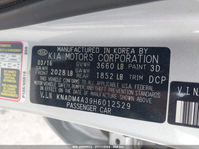 KNADM4A39H6012529 KIA RIO LX