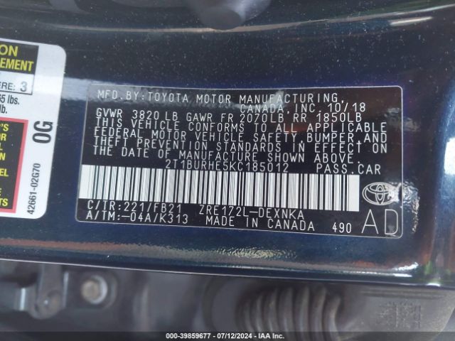 2T1BURHE5KC185012 Toyota COROLLA LE