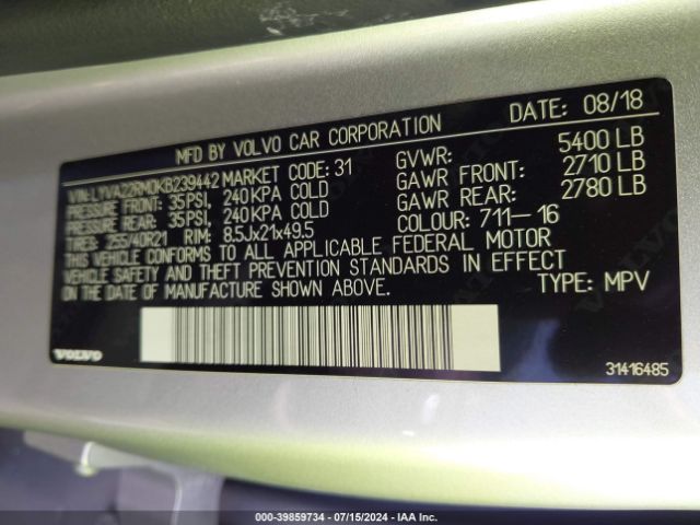 LYVA22RM0KB239442 Volvo Xc60 T6 R-design