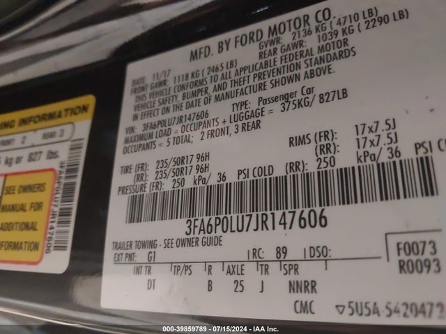 Ford Fusion Hybrid Se 2018 3FA6P0LU7JR147606 Image 9