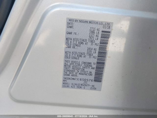 5N1DR2MN7JC650576 Nissan Pathfinder Sl