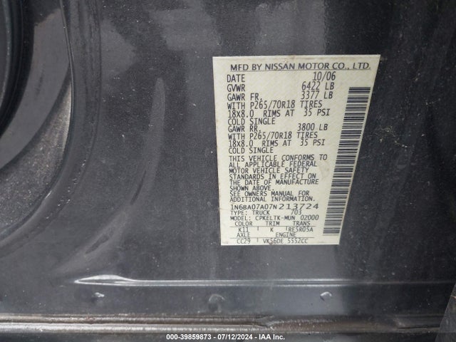 Продажа на аукционе авто 2007 Nissan Titan Se, vin: 1N6BA07A07N213724, номер лота: 39859873