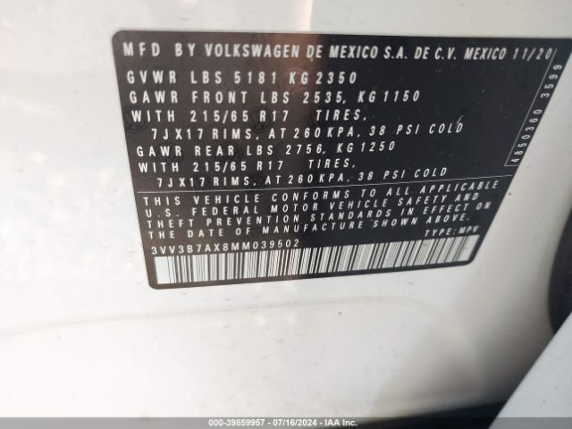 3VV3B7AX8MM039502 Volkswagen Tiguan 2.0t Se/2.0t Se R-line Black/2.0t Sel