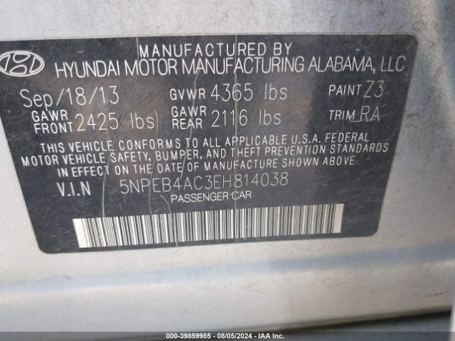 5NPEB4AC3EH814038 Hyundai SONATA GLS