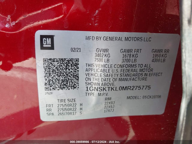 1GNSKTKL0MR275775 Chevrolet Tahoe 4wd High Country