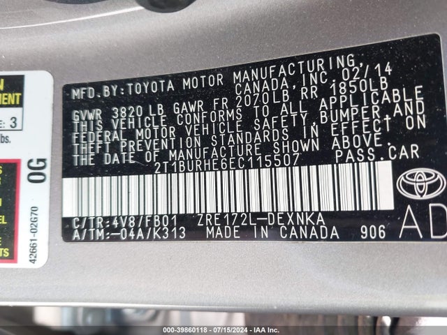 Toyota COROLLA LE 2014 2T1BURHE6EC115507 Image 9