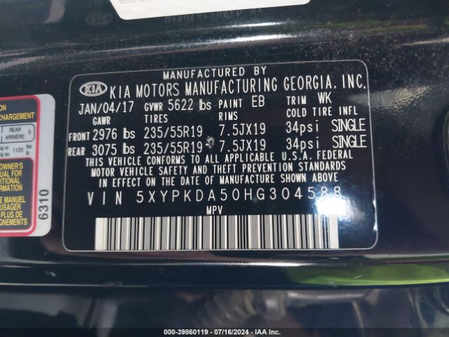 5XYPKDA50HG304588 KIA Sorento 3.3l Sxl