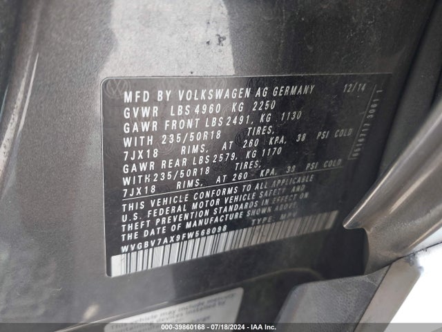 WVGBV7AX9FW568098 Volkswagen Tiguan Sel