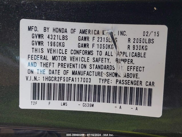 Honda Accord Sport 2015 1HGCR2F50FA117003 Image 9