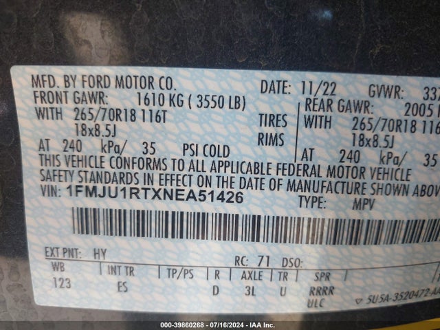 Ford Expedition Timberline 2022 1FMJU1RTXNEA51426 Image 9