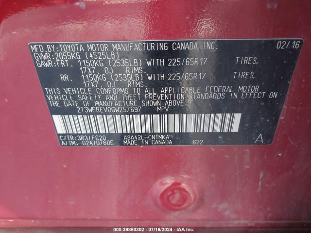 Toyota Rav4 Xle 2016 2T3WFREV0GW257697 Image 9