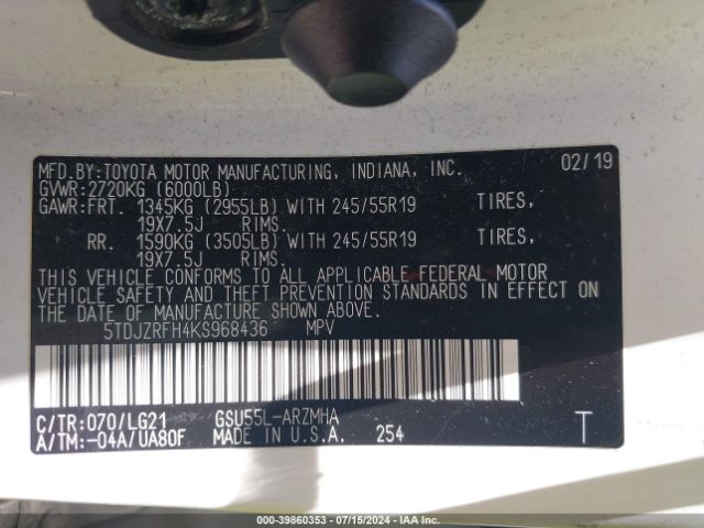 5TDJZRFH4KS968436 Toyota Highlander Se