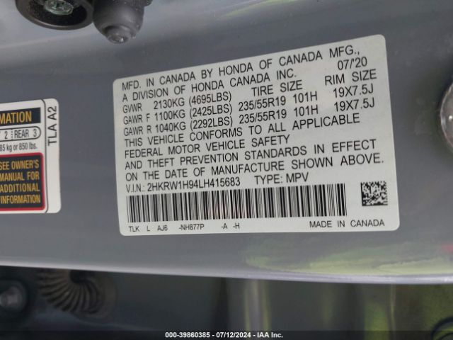 2HKRW1H94LH415683 Honda Cr-v 2wd Touring