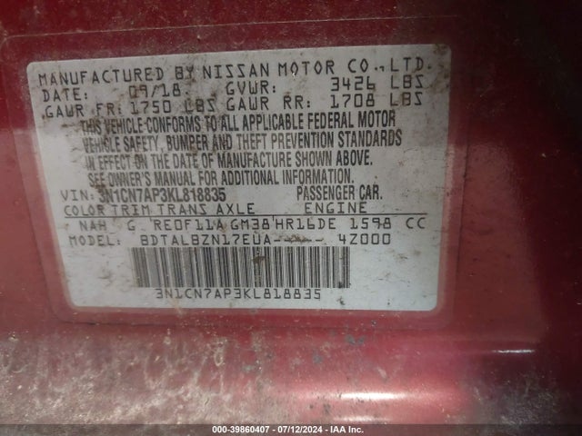 Nissan Versa 1.6 Sv 2019 3N1CN7AP3KL818835 Image 9