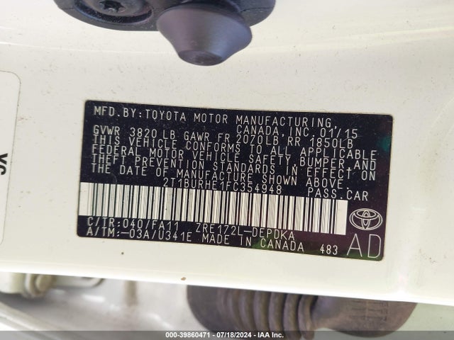 Toyota COROLLA L 2015 2T1BURHE1FC354948 Image 9