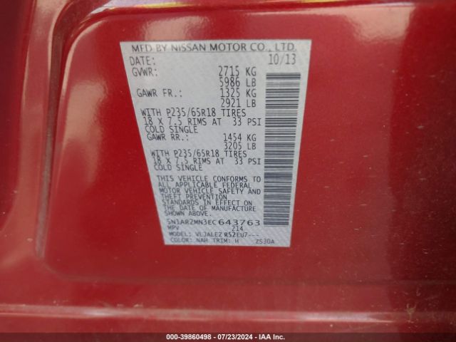5N1AR2MN3EC643763 Nissan Pathfinder Sv