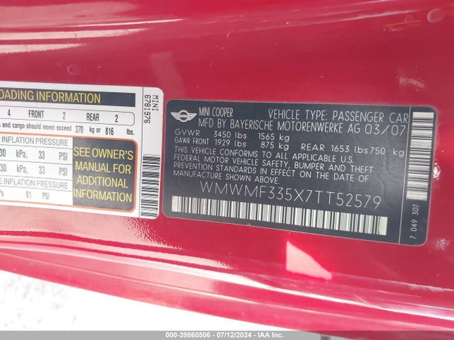 2007 MINI COOPER WMWMF335X7TT52579 Photo 8