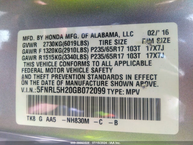 Honda ODYSSEY LX 2016 5FNRL5H20GB072099 Image 9