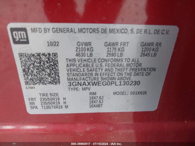 3GNAXWEG0PL130230 Chevrolet Equinox Awd Rs