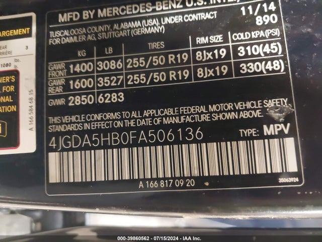 4JGDA5HB0FA506136 Mercedes-Benz Ml 350 4matic