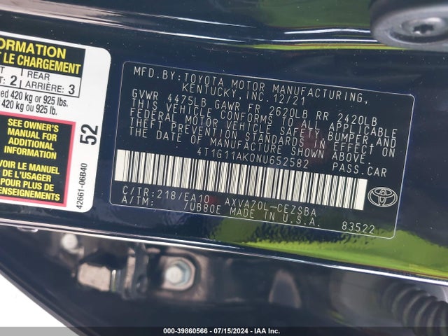 Toyota CAMRY SE 2022 4T1G11AK0NU652582 Image 9