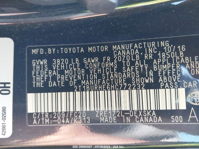 Toyota COROLLA SE 2017 2T1BURHE6HC772232 Image 9