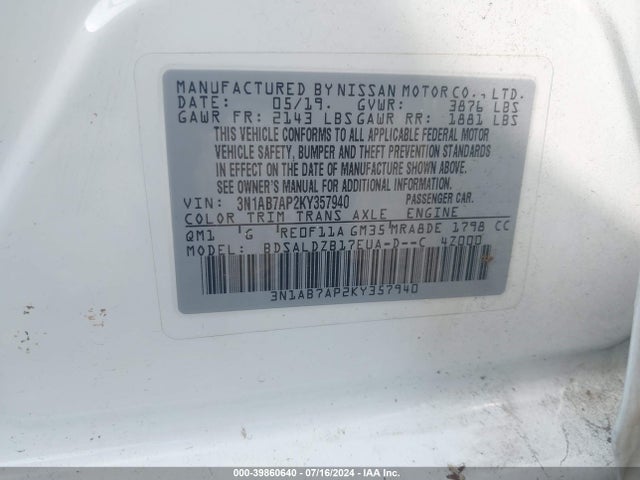 Nissan SENTRA SV 2019 3N1AB7AP2KY357940 Image 9