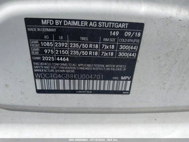 WDCTG4GB8KU004701 Mercedes-Benz Gla 250 4matic
