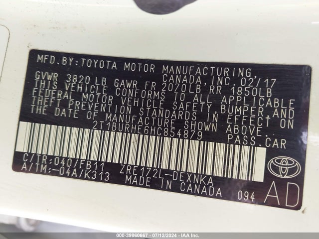 Toyota COROLLA LE 2017 2T1BURHE6HC854879 Image 9