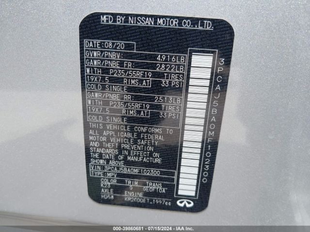 3PCAJ5BA0MF102300 Infiniti Qx50 Luxe
