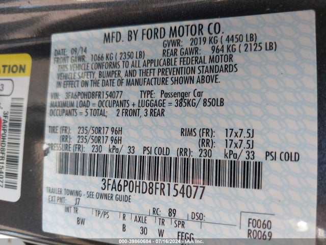 Ford FUSION SE 2015 3FA6P0HD8FR154077 Image 9