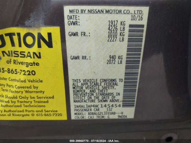 Nissan Altima 2.5 S 2017 1N4AL3AP4HC145454 Image 9