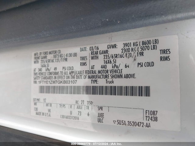 Ford Transit-150 2016 1FTYE1ZM7GKB03107 Image 9