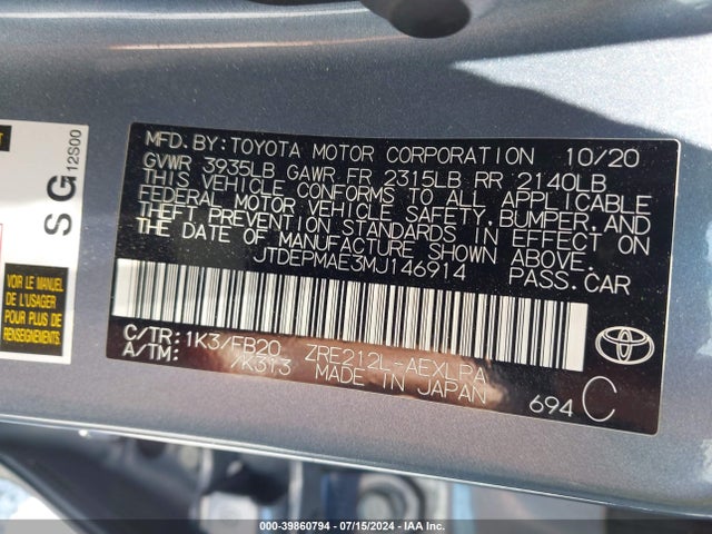 Toyota COROLLA LE 2021 JTDEPMAE3MJ146914 Image 9