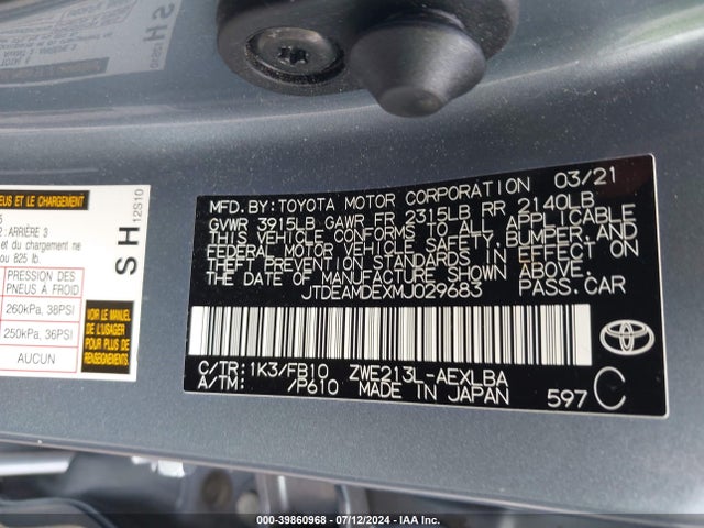 Toyota Corolla Hybrid Le 2021 JTDEAMDEXMJ029683 Image 9
