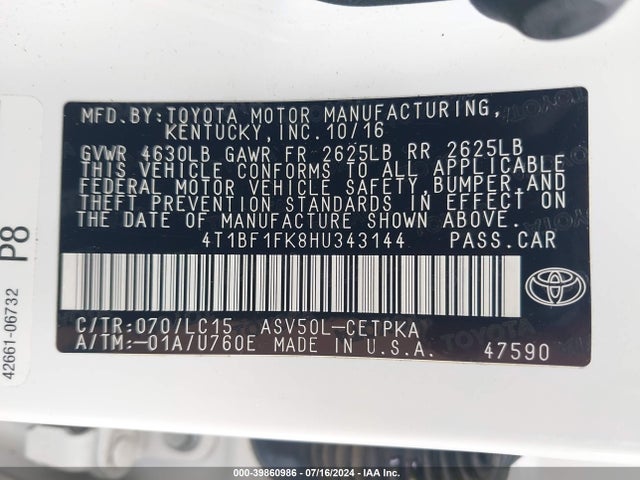 Toyota CAMRY XSE 2017 4T1BF1FK8HU343144 Image 9