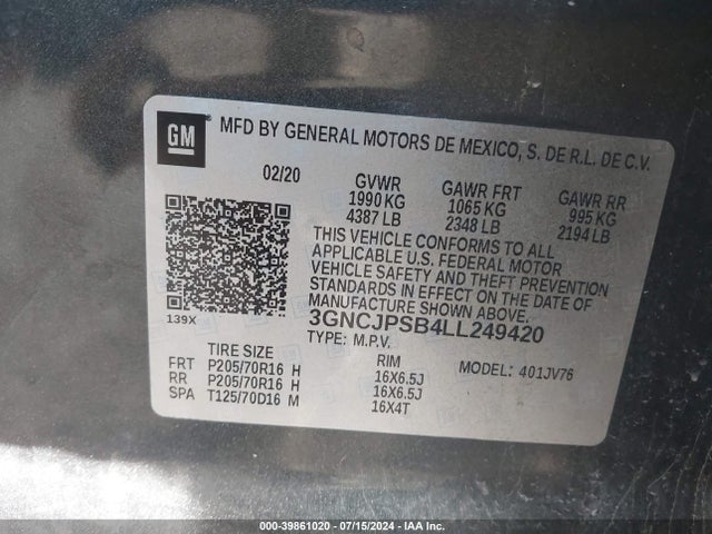 Chevrolet Trax Awd Lt 2020 3GNCJPSB4LL249420 Image 9